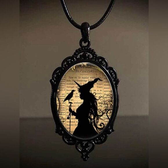 Gothic Witch Pendant, Vintage inspired scrollings, Black setting, adjust… - Picture 1 of 4